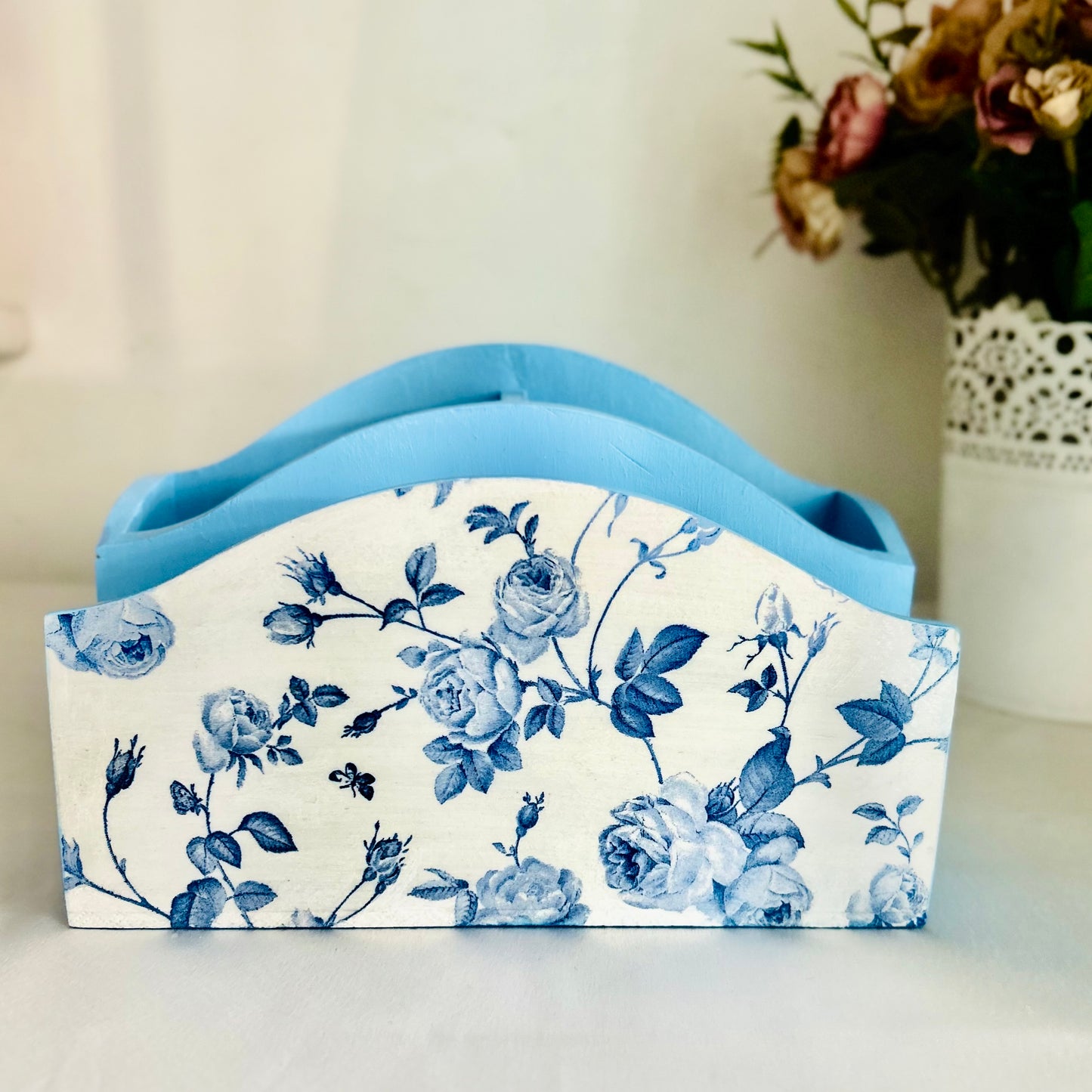 Blue Rose Cutlery Holder with Napkin Slot | Floral Cutlery holder for dining table | Pastel Woods