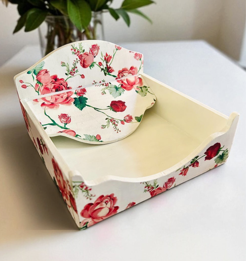 Scarlet Rose Floral Square Tissue Holder | Pastel Woods