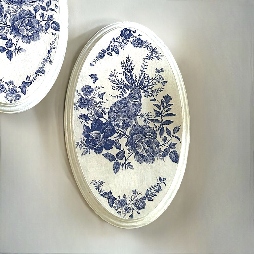 Porcelain Hare - Wooden Wall Plate | Wall Decor Plates | Oval |Pastel Woods