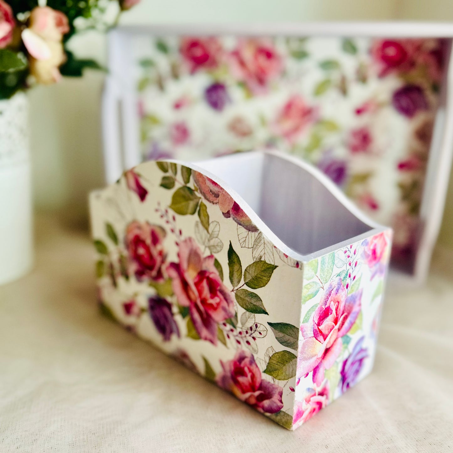 Lilac Rose Affair Cutlery Holder | Floral Cutlery holder for dining table | Pastel Woods