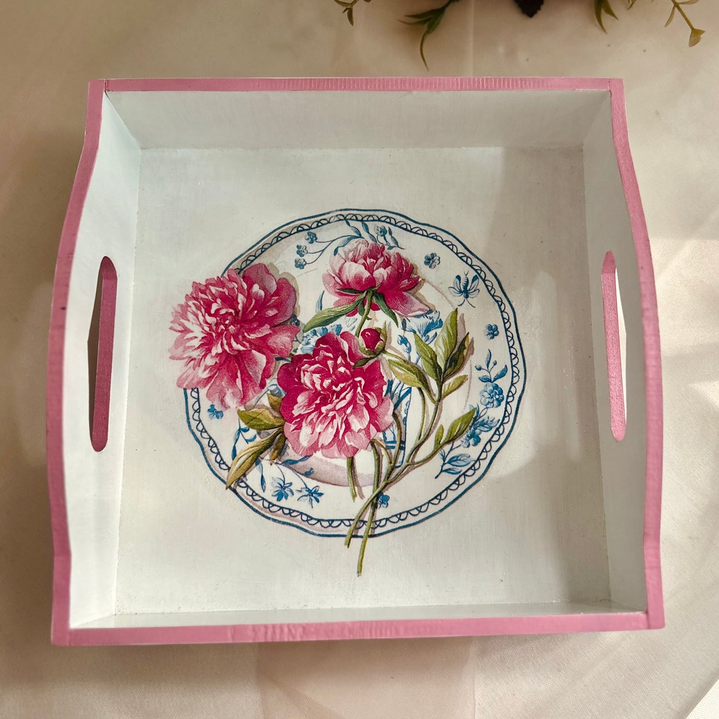Pink Floral Square Tray | Small Serving tray | for gifts, mugs, cups and glasses
