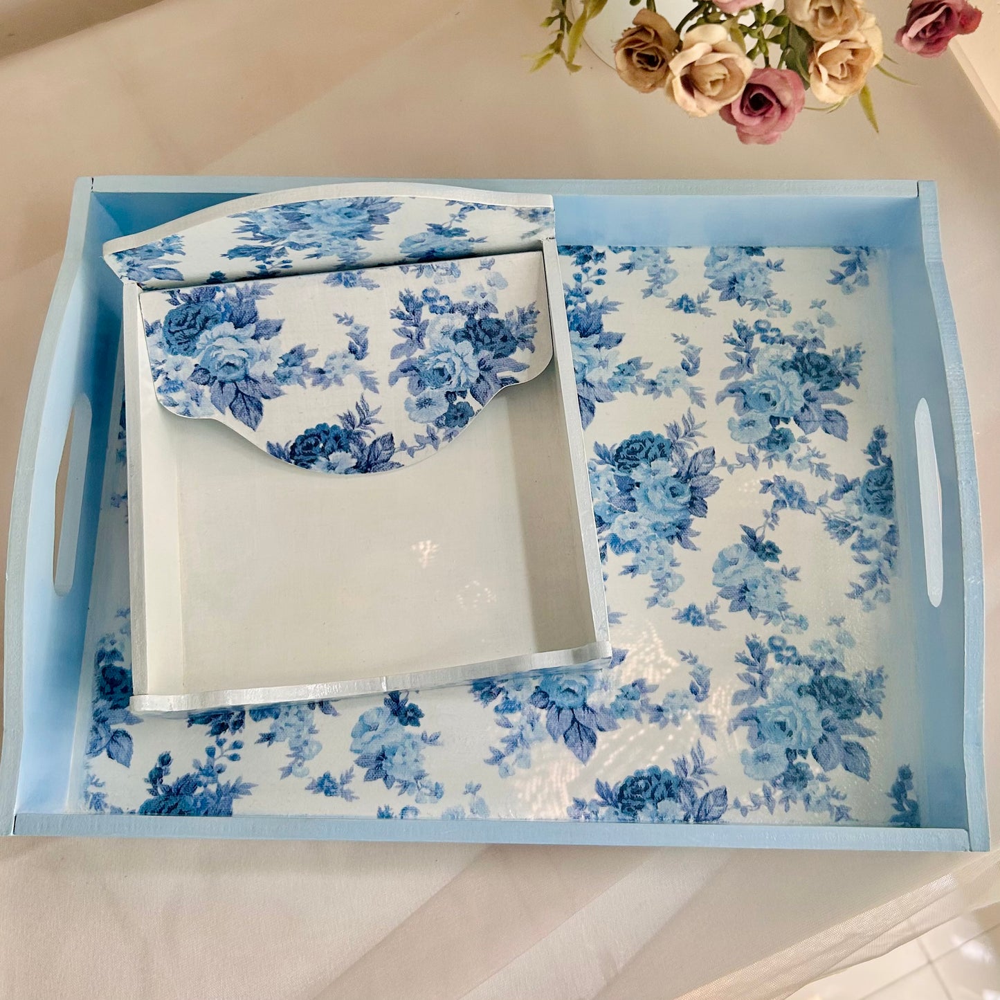 Porcelain Roses Set | Floral Serving Tray and Tissue Box