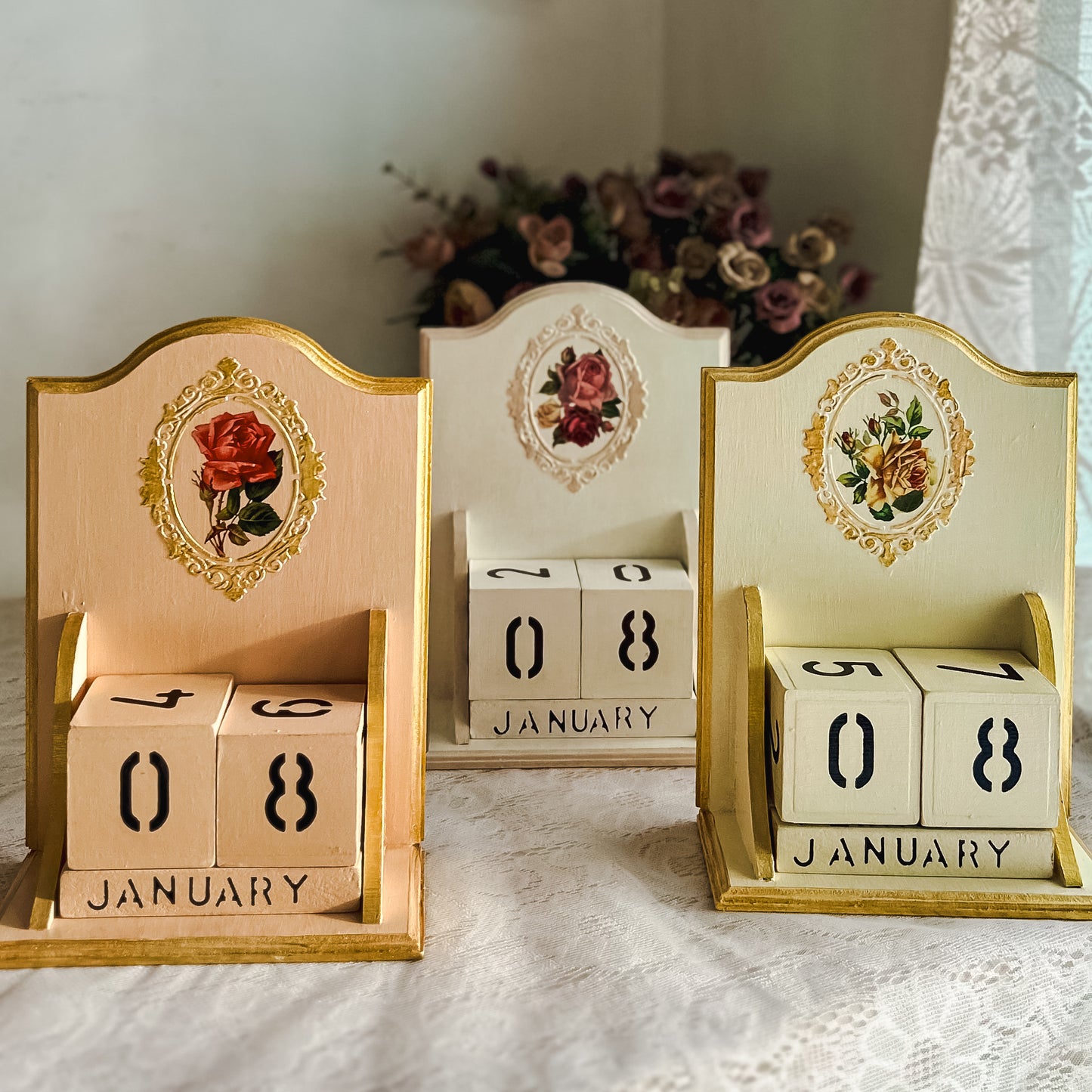 Vintage Perpetual Calendar | Royal Rose | Handcrafted Wooden Desk Calendar | Cottagecore Home Decor & Gift