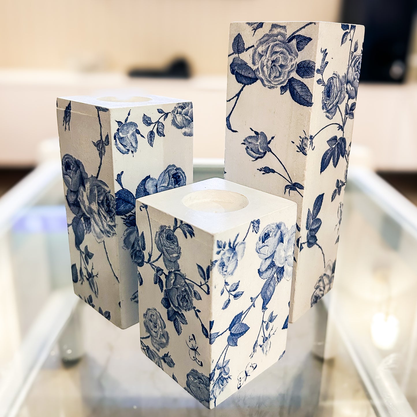 Blue Rose Tealight Candle Holder Set of 3 | Floral Candle Stands for Romantic Home Decor & Gifting