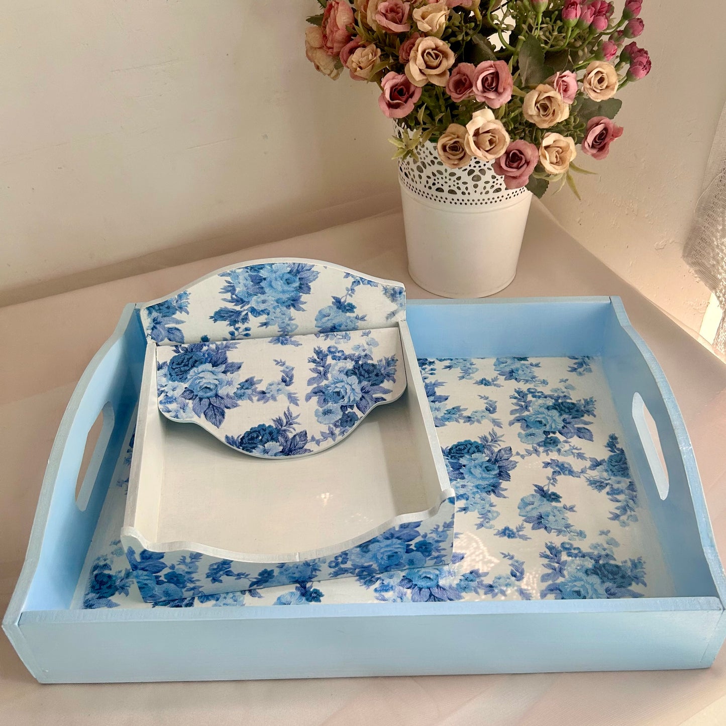 Porcelain Roses Set | Floral Serving Tray and Tissue Box