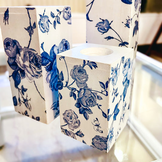 Blue Rose Tealight Candle Holder Set of 3 | Floral Candle Stands for Romantic Home Decor & Gifting