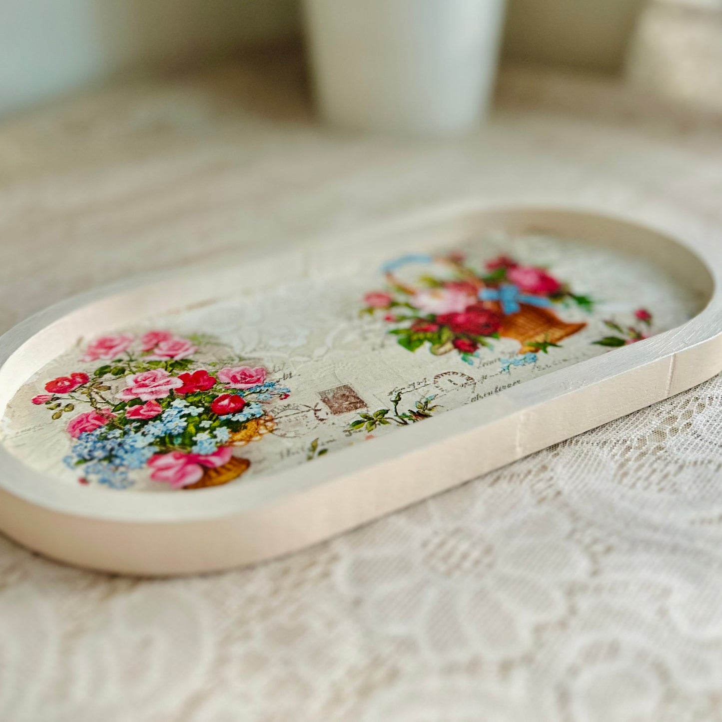 Mini Oval Floral Wooden Trinket Tray | Vintage Cottage Decor - Flower Basket