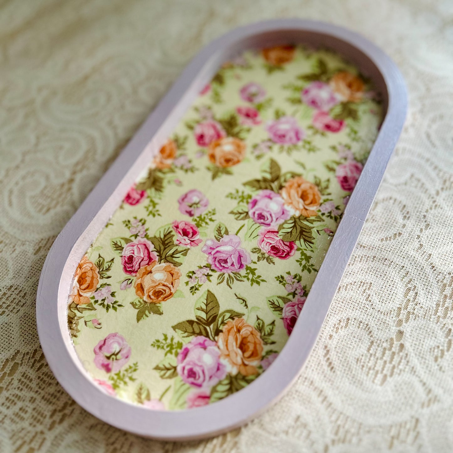 Mini Oval Floral Wooden Trinket Tray | Vintage Cottage Decor - Pastel Rose