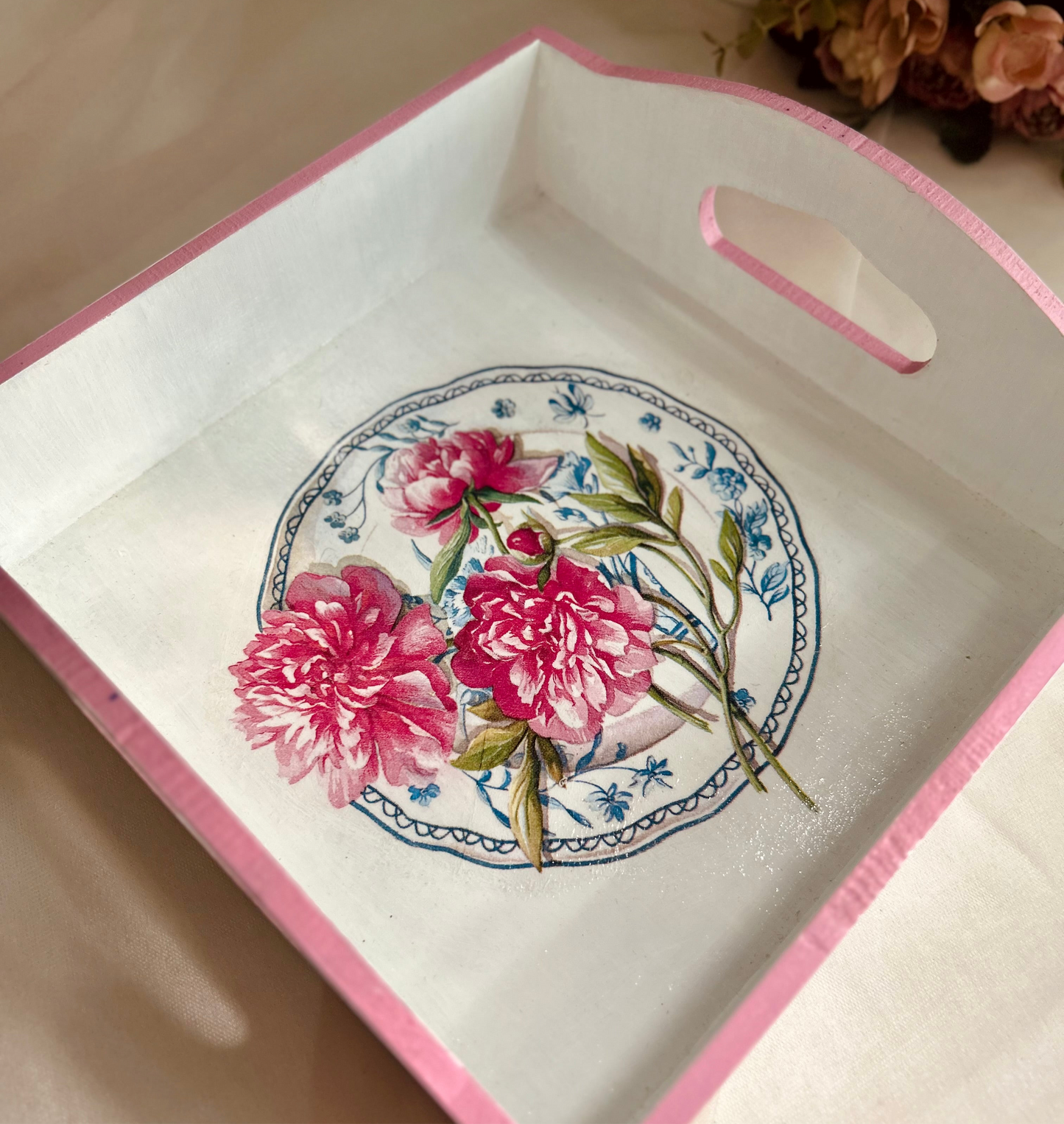 Pink Floral Square Tray | Small Serving tray | for gifts, mugs, cups and glasses