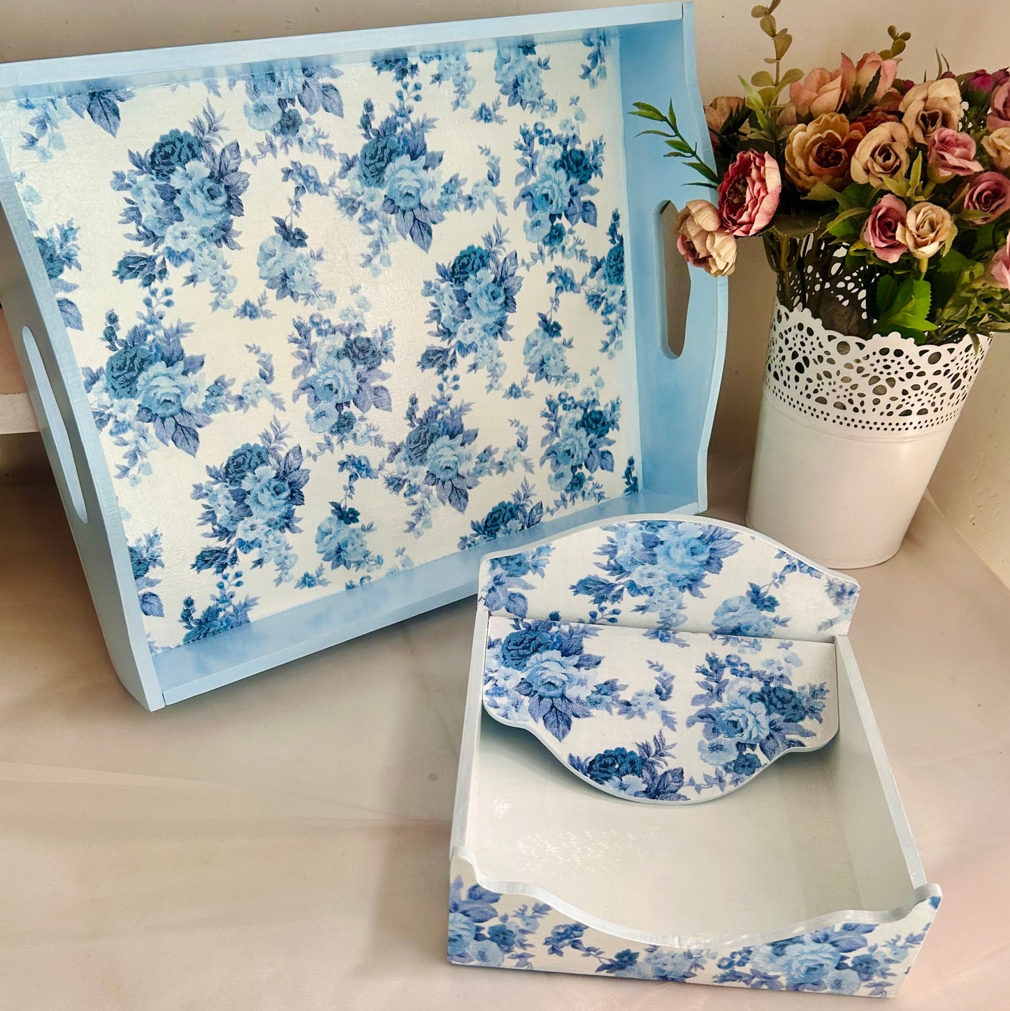 Porcelain Roses Set | Floral Serving Tray and Tissue Box