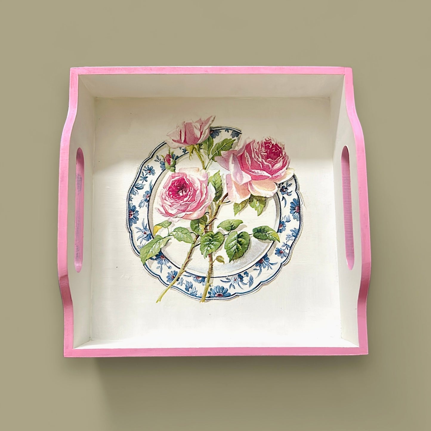 Pink Rose Square Tray Small for cups glasses pretty floral gift tray