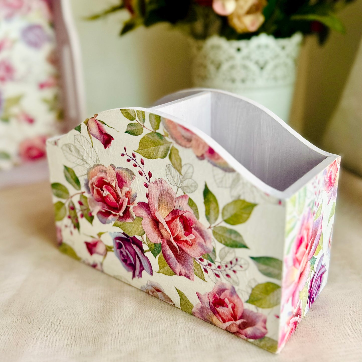 Lilac Rose Affair Cutlery Holder | Floral Cutlery holder for dining table | Pastel Woods