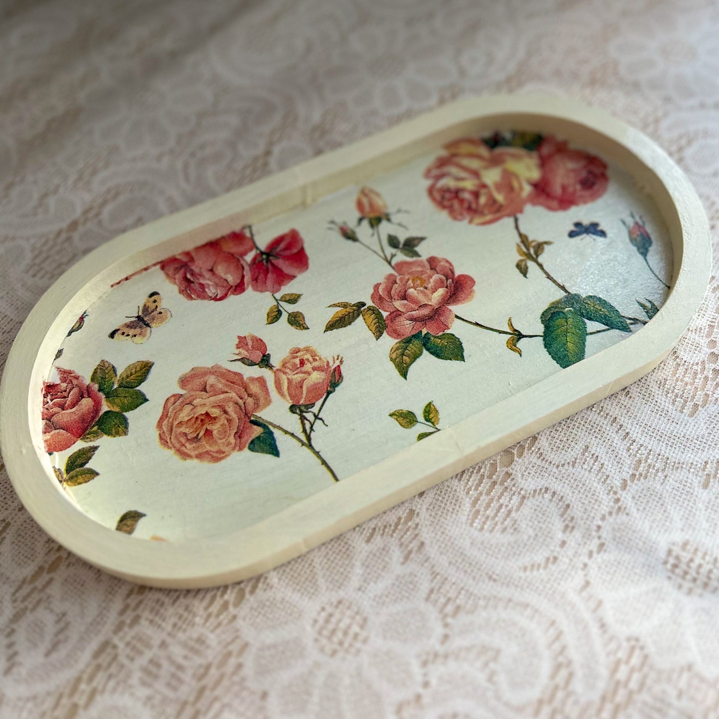 Mini Oval Floral Wooden Trinket Tray | Vintage Cottage Decor - Morning Rose
