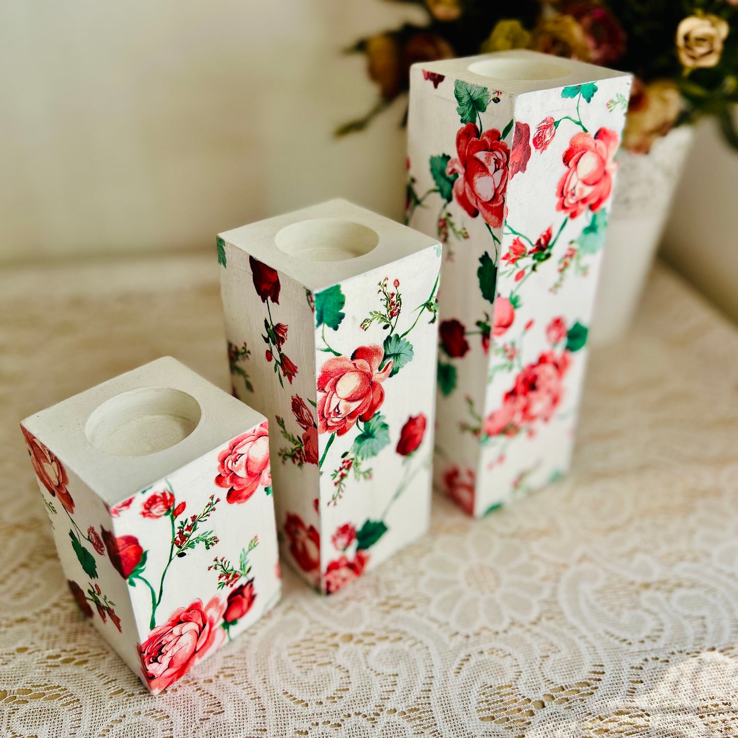 Red Rose Tealight Candle Holder Set of 3 | Floral Candle Stands for Romantic Home Decor & Gifting
