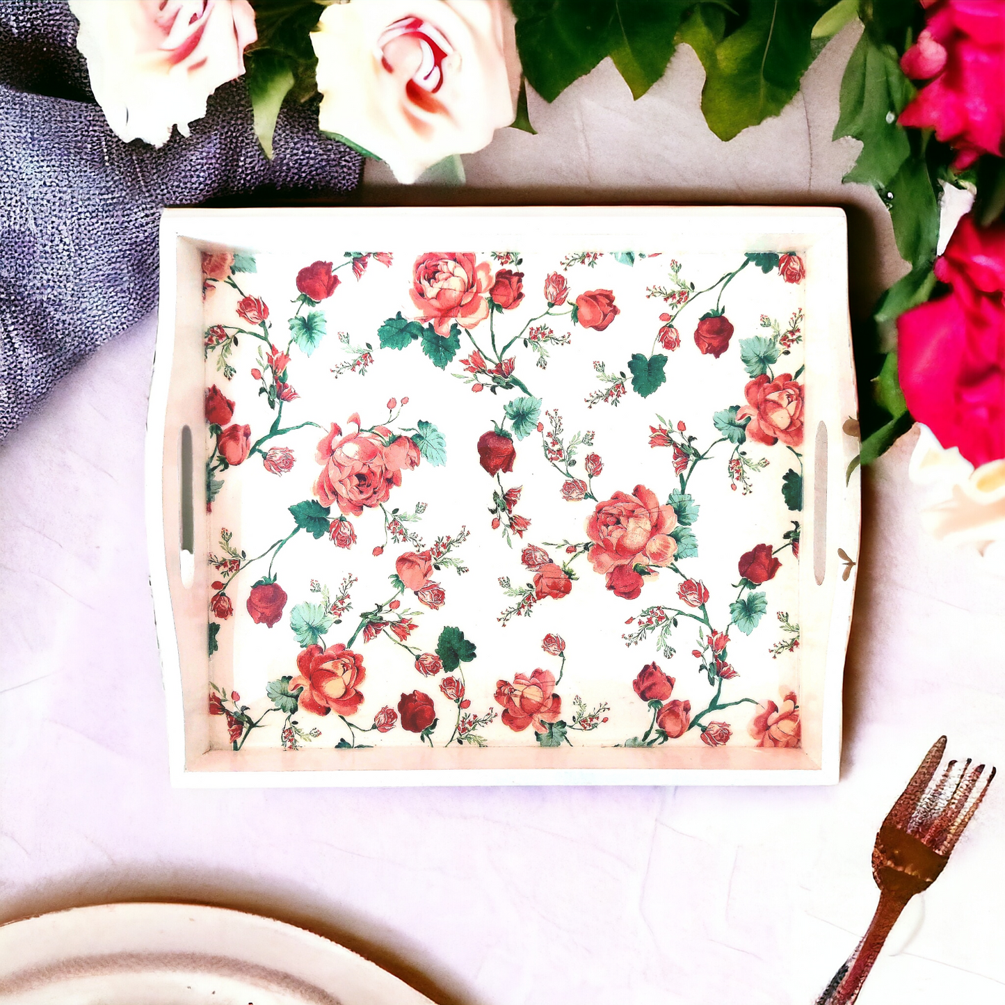 Scarlet Rose Tray | Floral Serving Tray | in 2 sizes