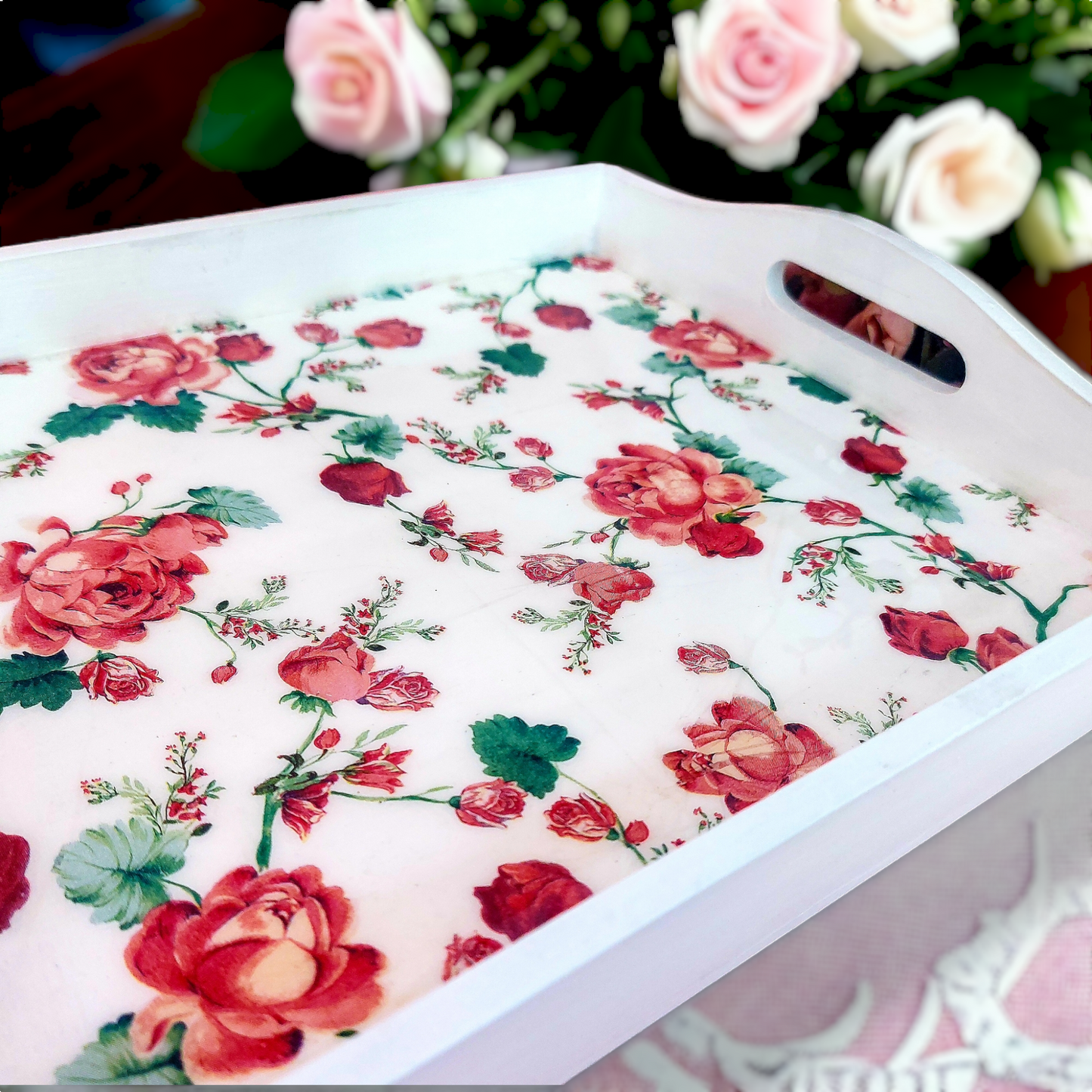 Scarlet Rose Tray | Floral Serving Tray | in 2 sizes