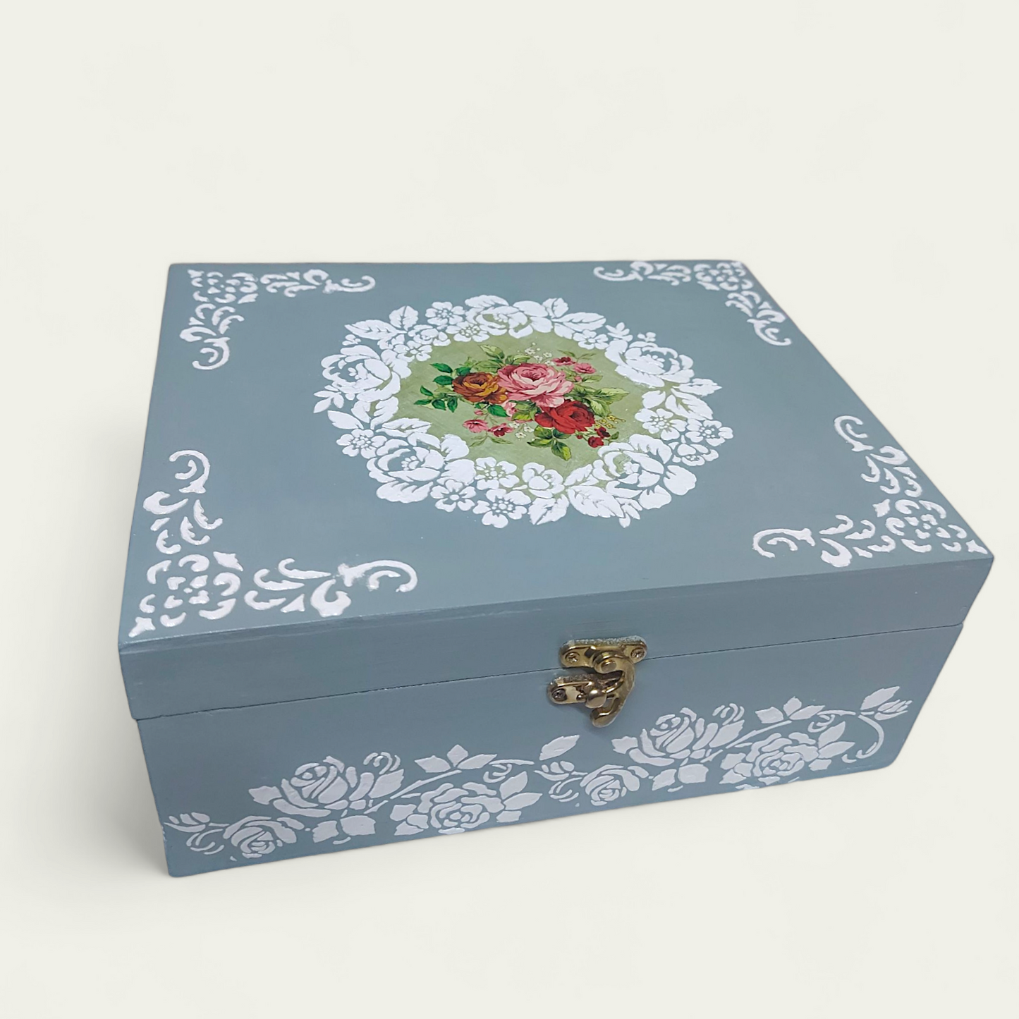 Vintage Rose Storage Box | Decorative Box | Keepsake Box | Jewellery Box in Duck egg blue