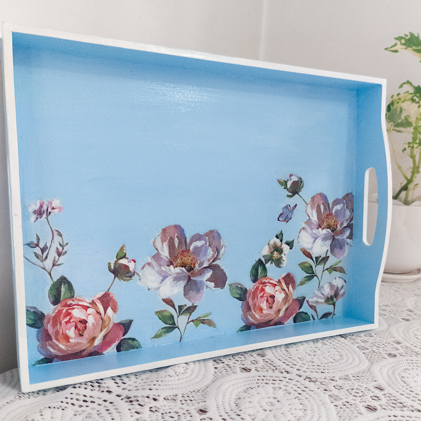 Blue Floral Wooden Tray large