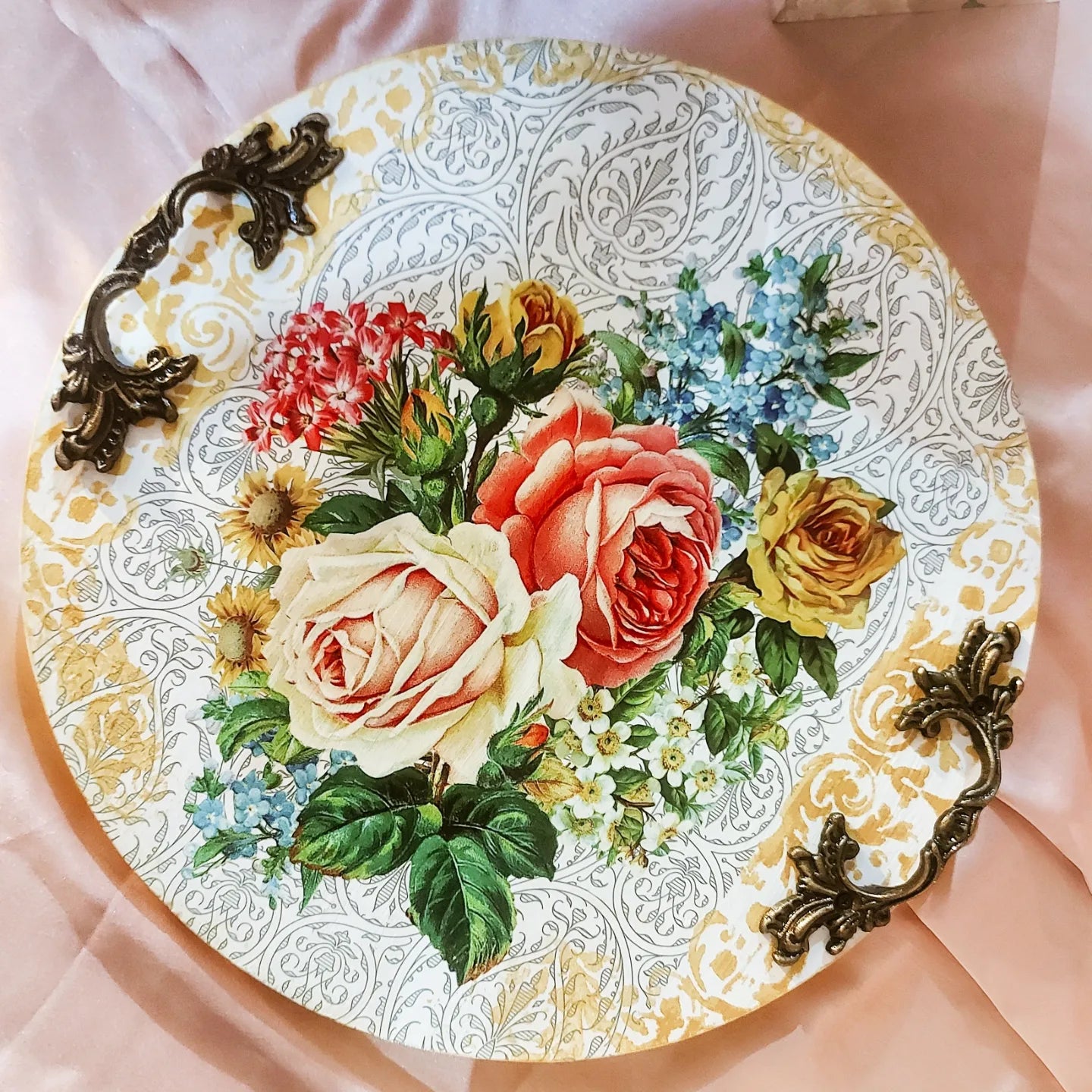 Floral Round Ottoman Tray with Vintage handles