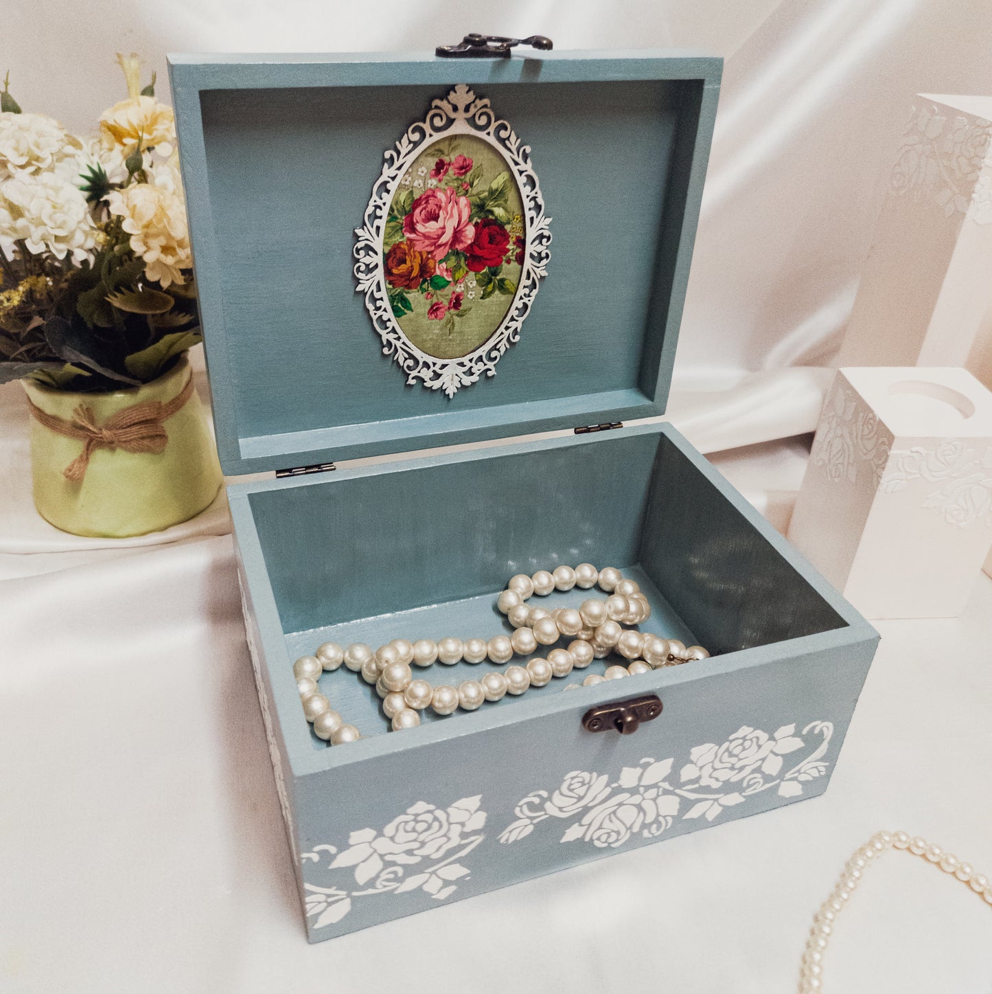 Vintage Rose Storage Box | Decorative Box | Keepsake Box | Jewellery Box in Duck egg blue