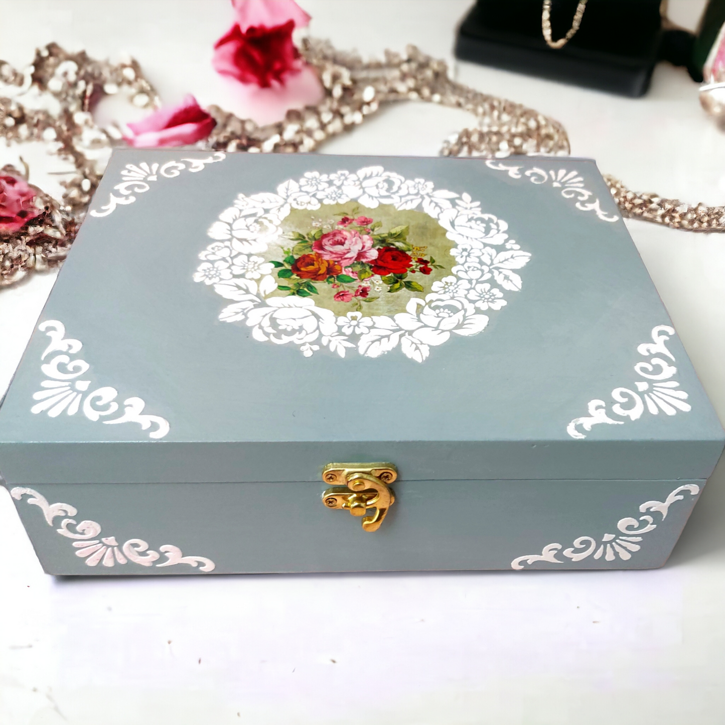 Vintage Rose Storage Box | Decorative Box | Keepsake Box | Jewellery Box in Duck egg Blue