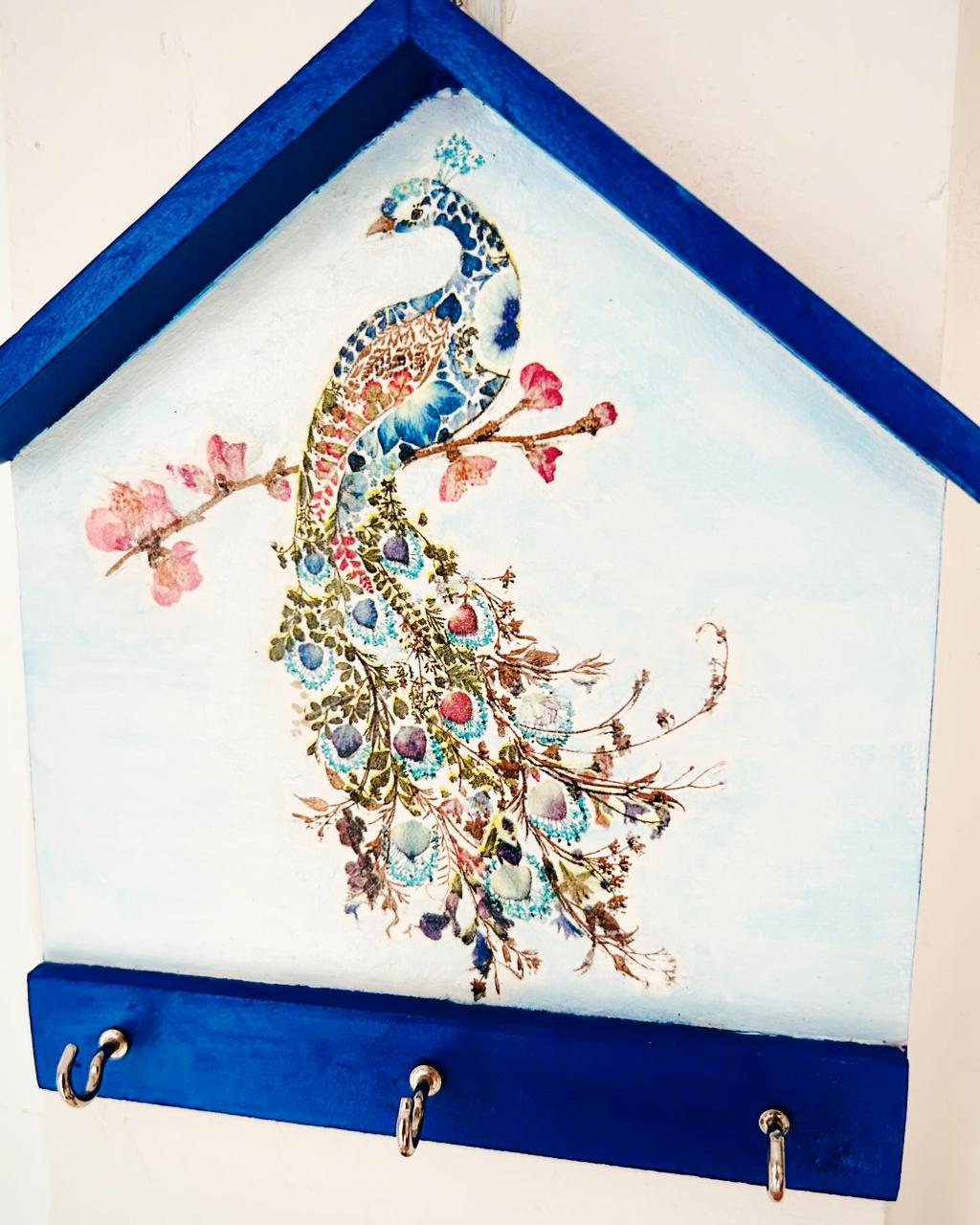 Hut Keyholder | Wall Key hanger for gifting | with 3 hooks | Royal Blue Peacock