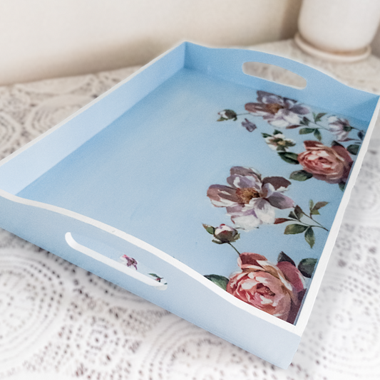 Floral serving tray blue curved handles