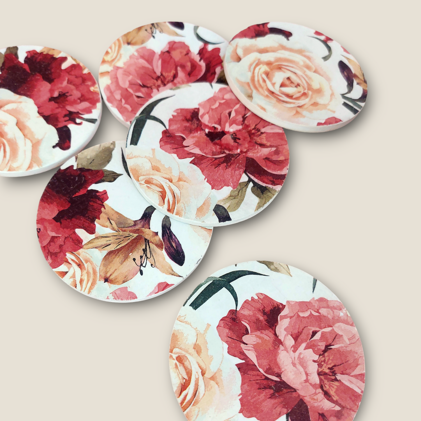 Red Floral Round Coaster set for cups, glasses (without box/ stand)