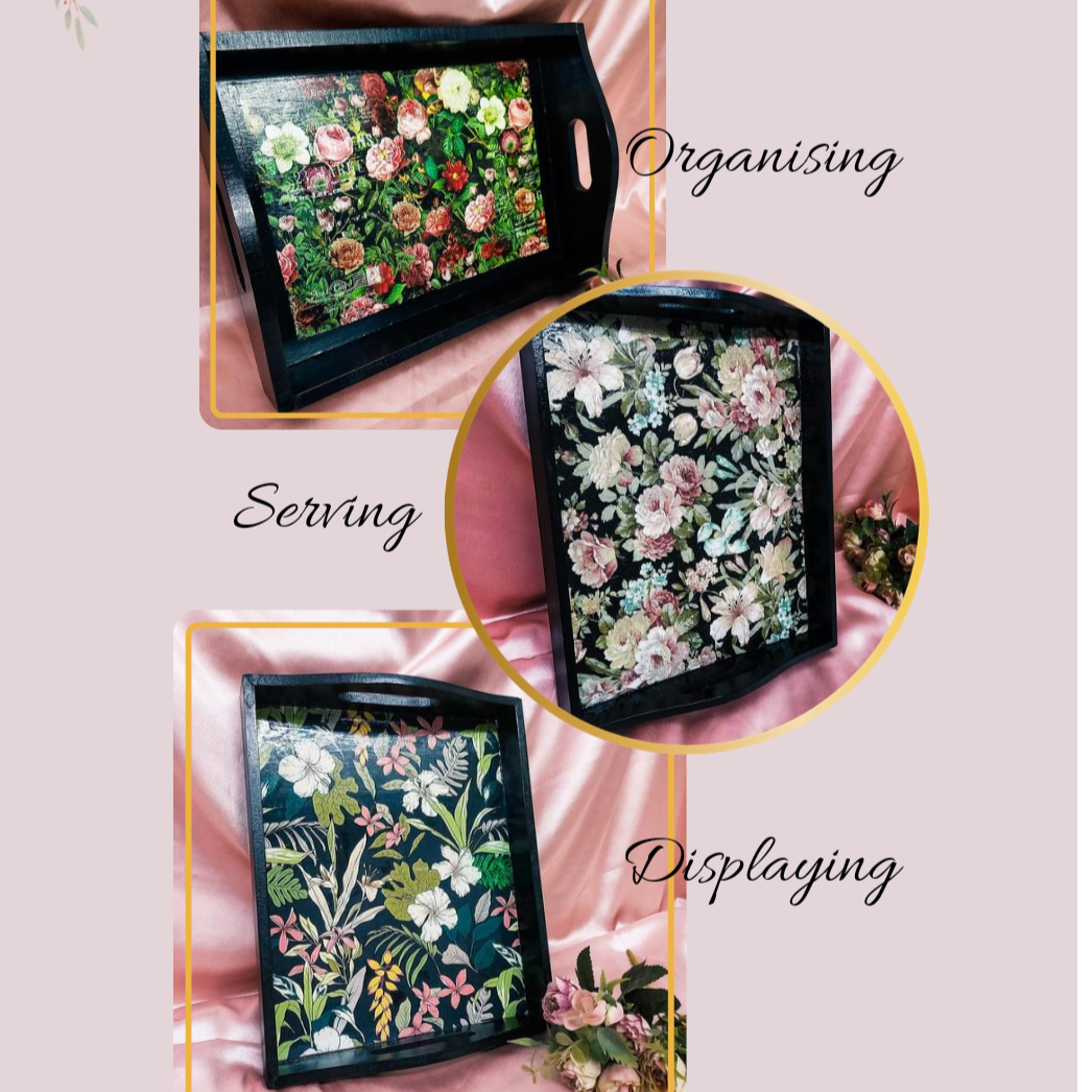 Black floral serving trays