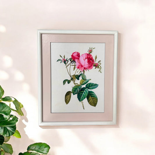 Vintage rose floral wall frame with white and pink border shabby chic