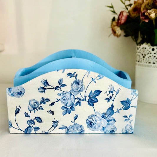 Blue Rose Cutlery Holder with Napkin Slot | Floral Cutlery holder for dining table | Pastel Woods