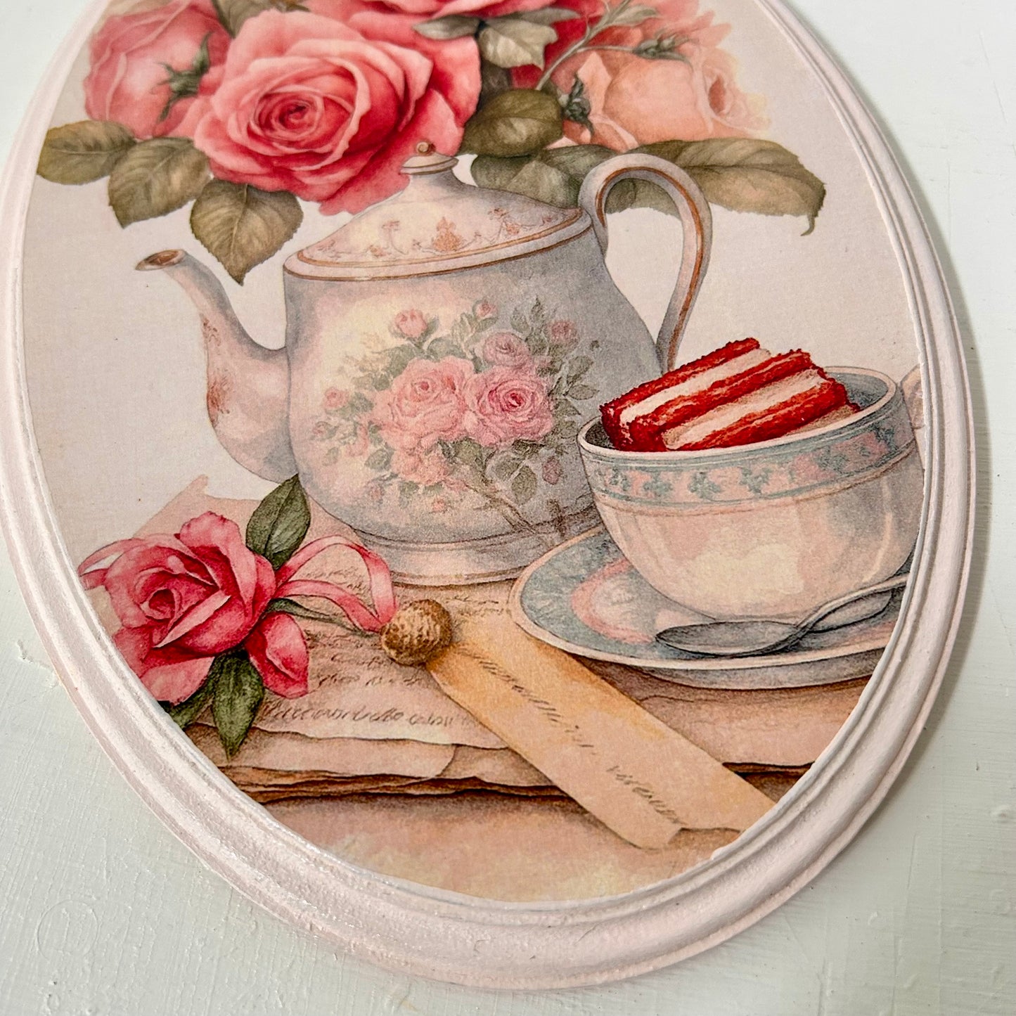 Shabby Rose Teapot - Oval Wall Plate | Vintage Wall Decor | Pastel Woods