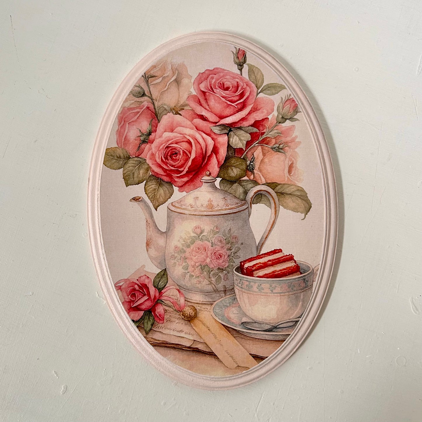 Shabby Rose Teapot - Oval Wall Plate | Vintage Wall Decor | Pastel Woods