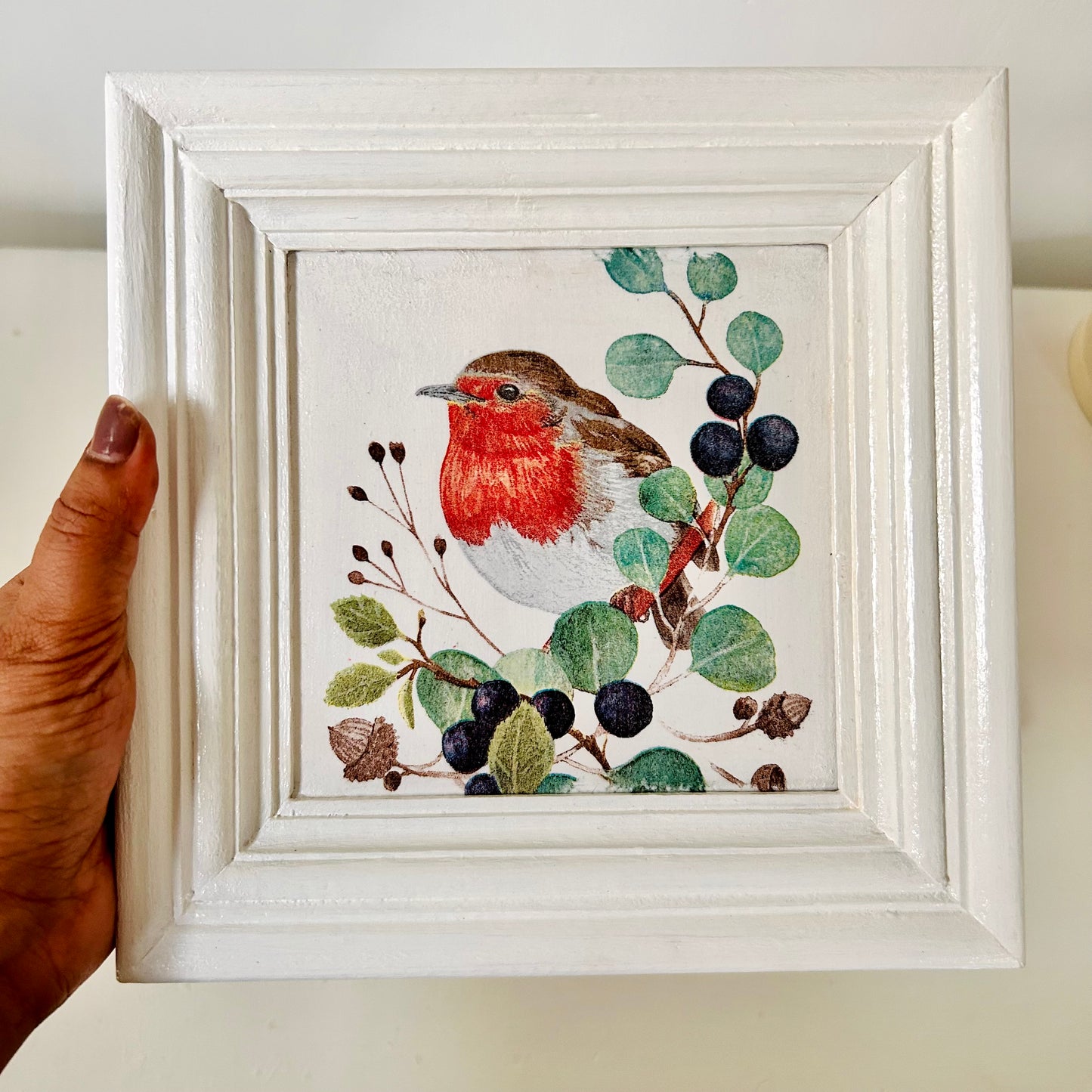 Pretty Wall Frame | Red Robin In Blueberry Garden  | Wall Decor | 8x8