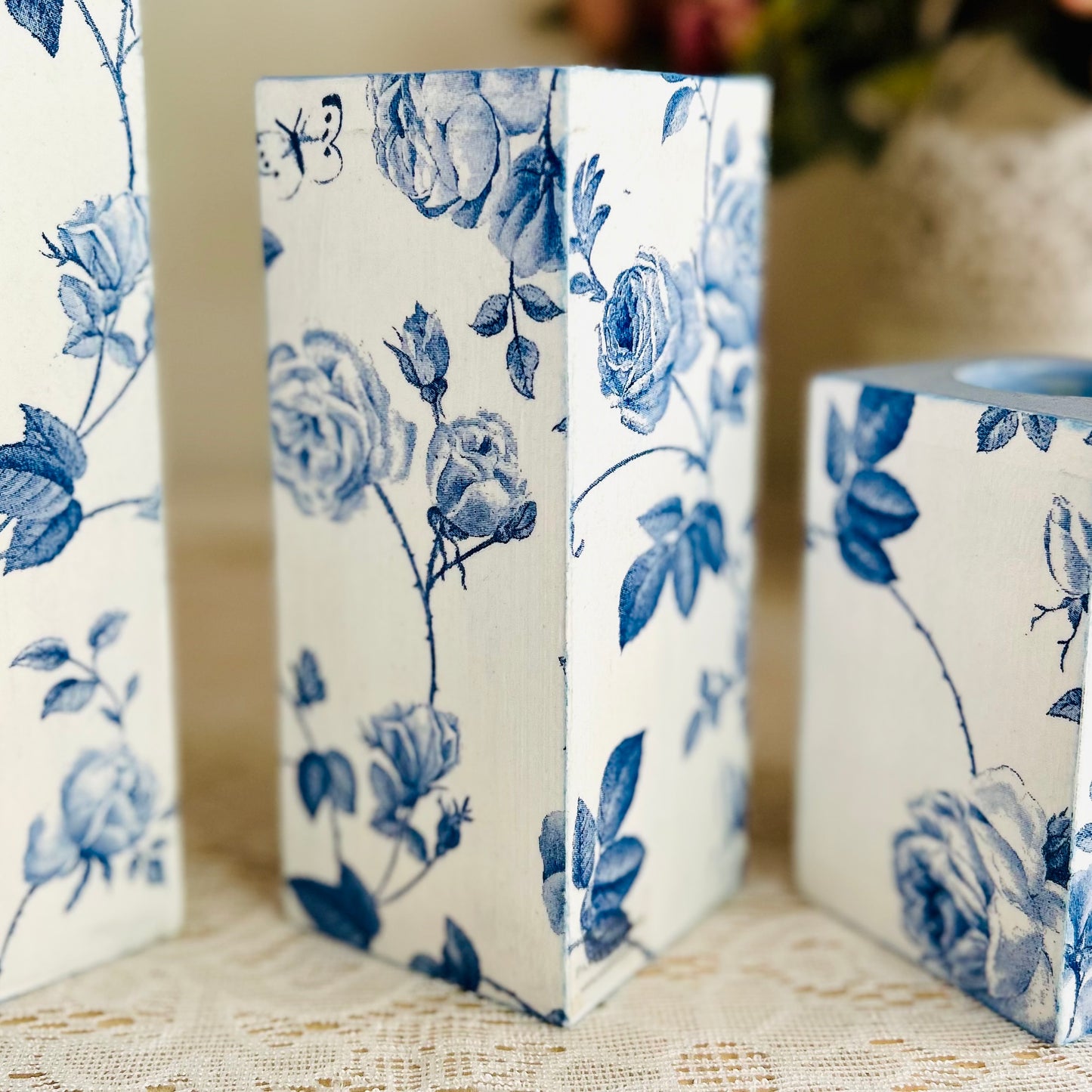 Blue Rose Tealight Candle Holder Set of 3 | Floral Candle Stands for Romantic Home Decor & Gifting