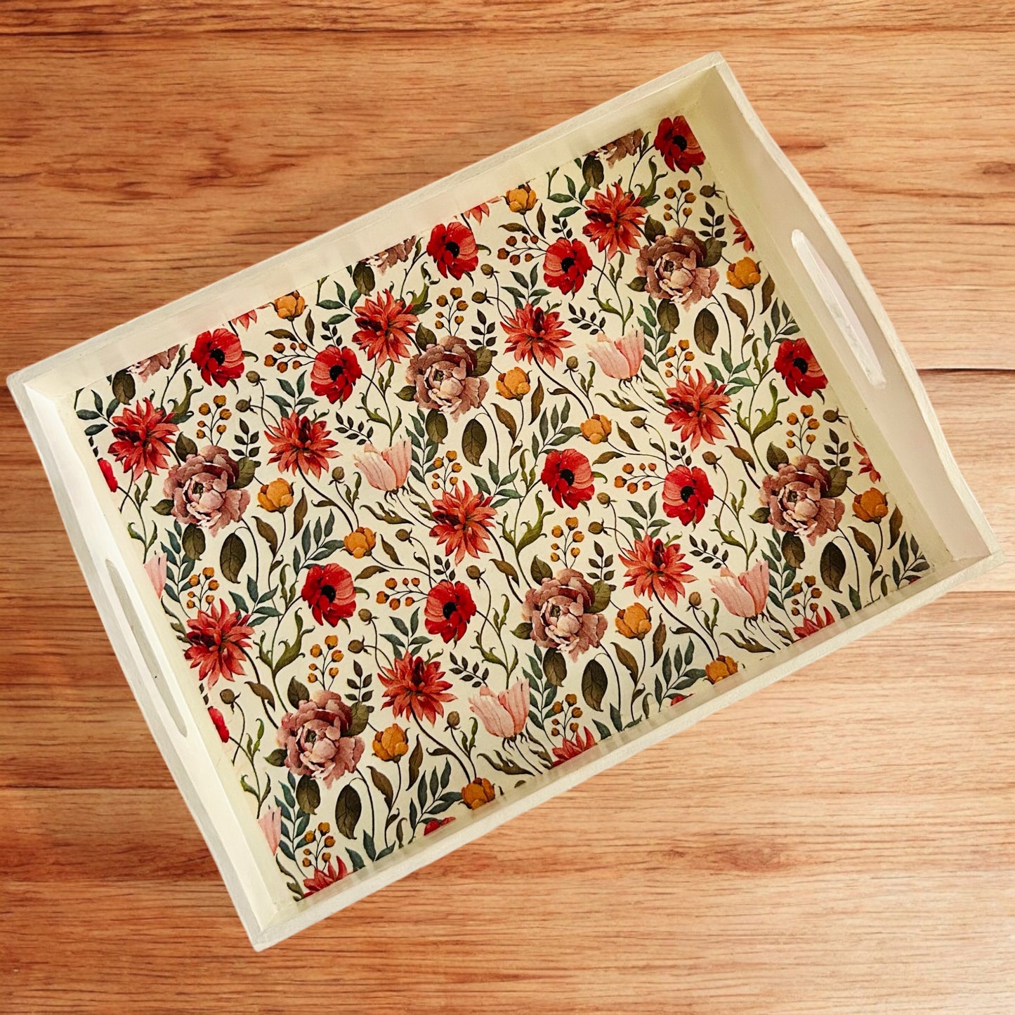Spring Soiree Serving Tray | Beige Floral Tray | Wooden Tray in 2 sizes