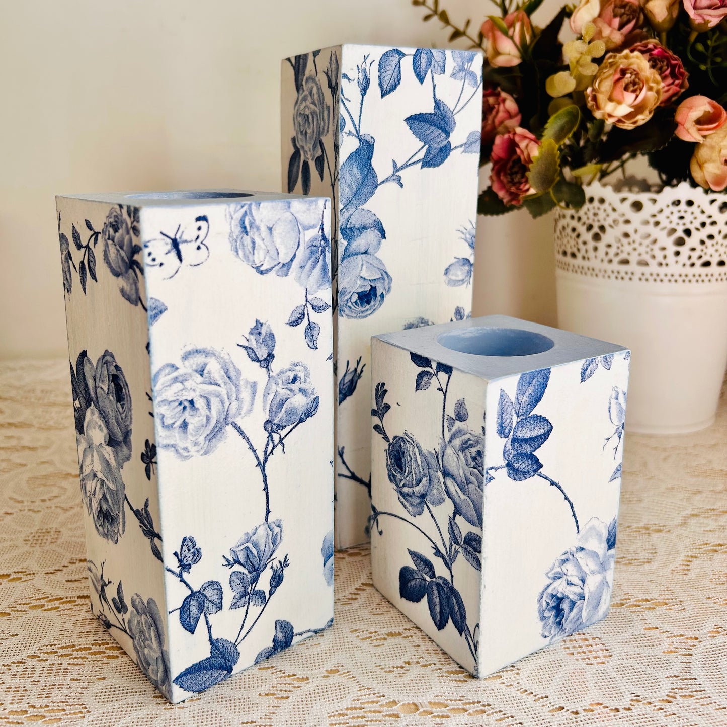 Blue Rose Tealight Candle Holder Set of 3 | Floral Candle Stands for Romantic Home Decor & Gifting