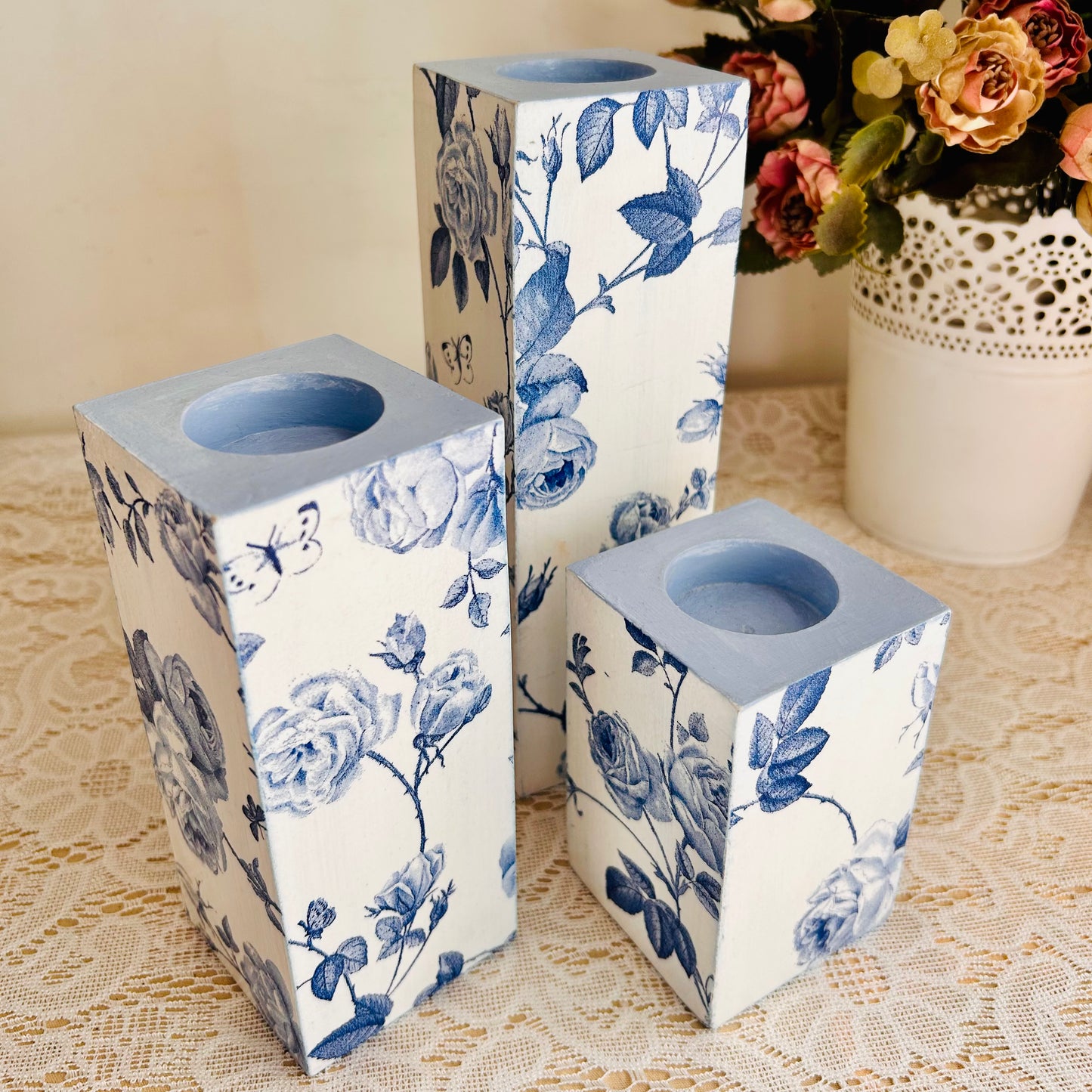 Blue Rose Tealight Candle Holder Set of 3 | Floral Candle Stands for Romantic Home Decor & Gifting