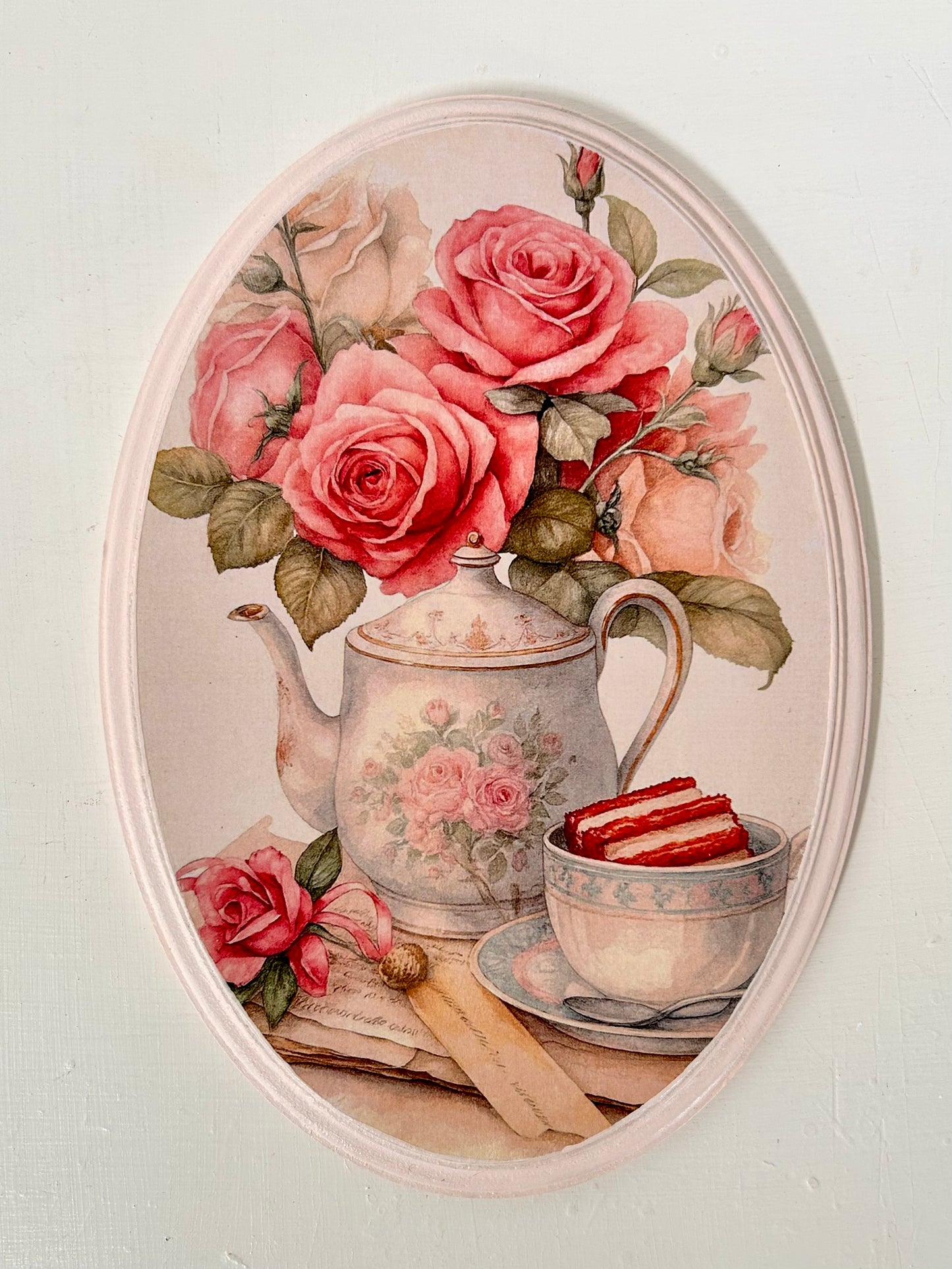 Shabby Rose Teapot - Oval Wall Plate | Vintage Wall Decor | Pastel Woods