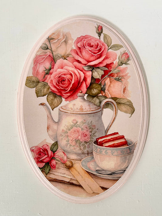Shabby Rose Teapot - Oval Wall Plate | Vintage Wall Decor | Pastel Woods