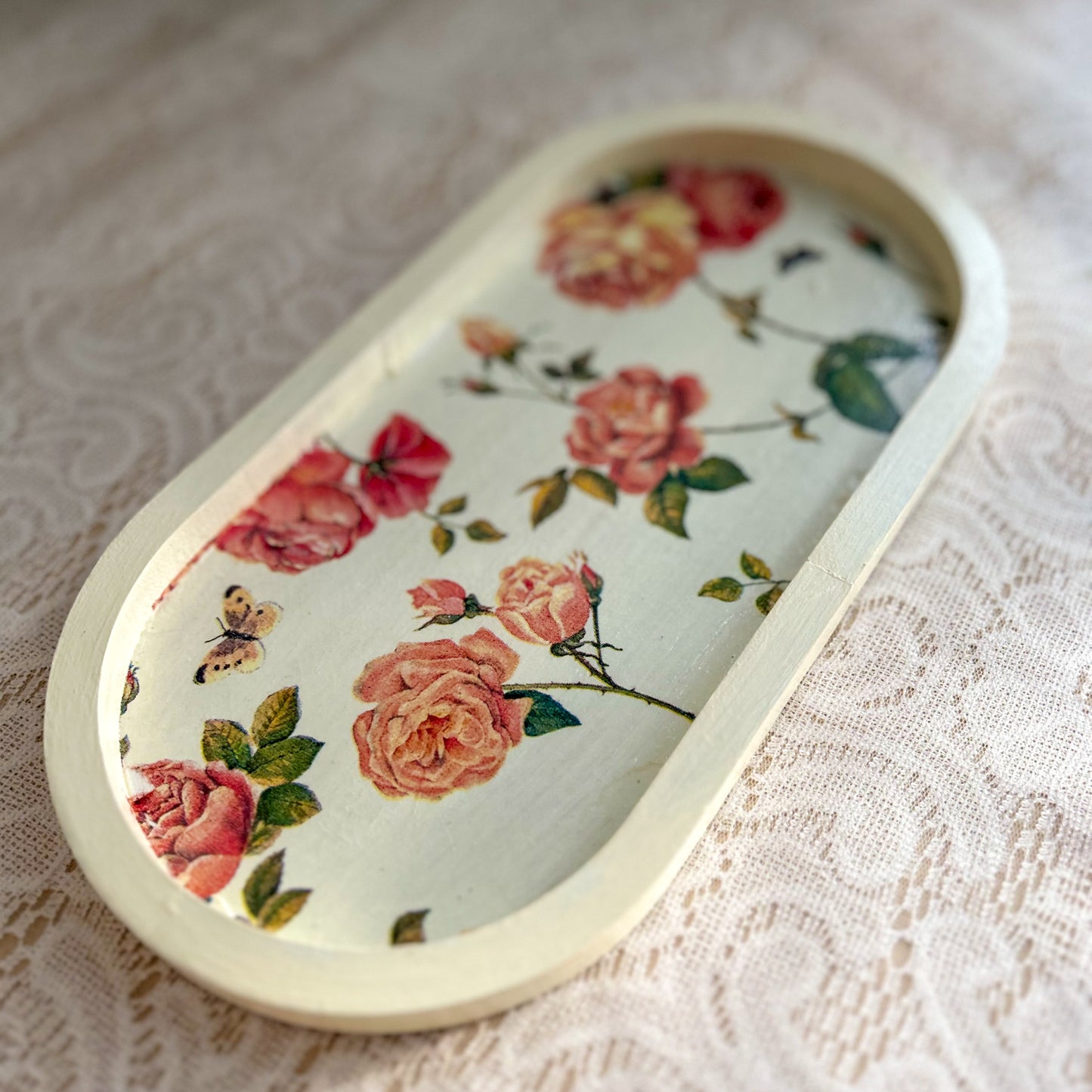 Mini Oval Floral Wooden Trinket Tray | Vintage Cottage Decor - Morning Rose