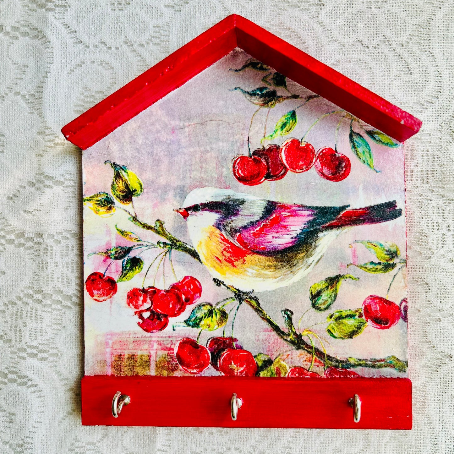Red Birdie Hut Keyholder | Wall Key hanger for gifting | with 3 hooks