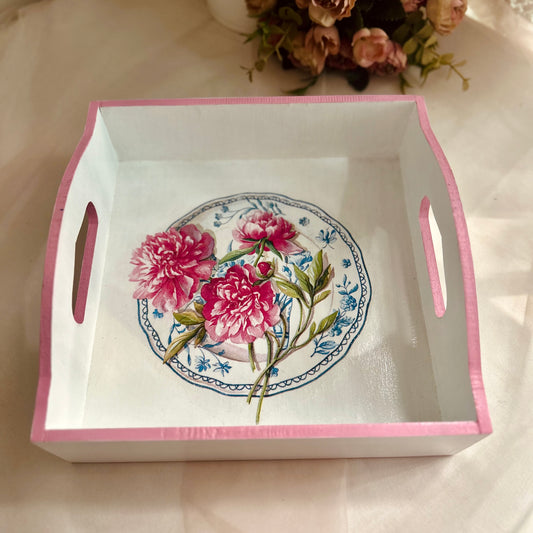 Pink Floral Square Tray | Small Serving tray | for gifts, mugs, cups and glasses