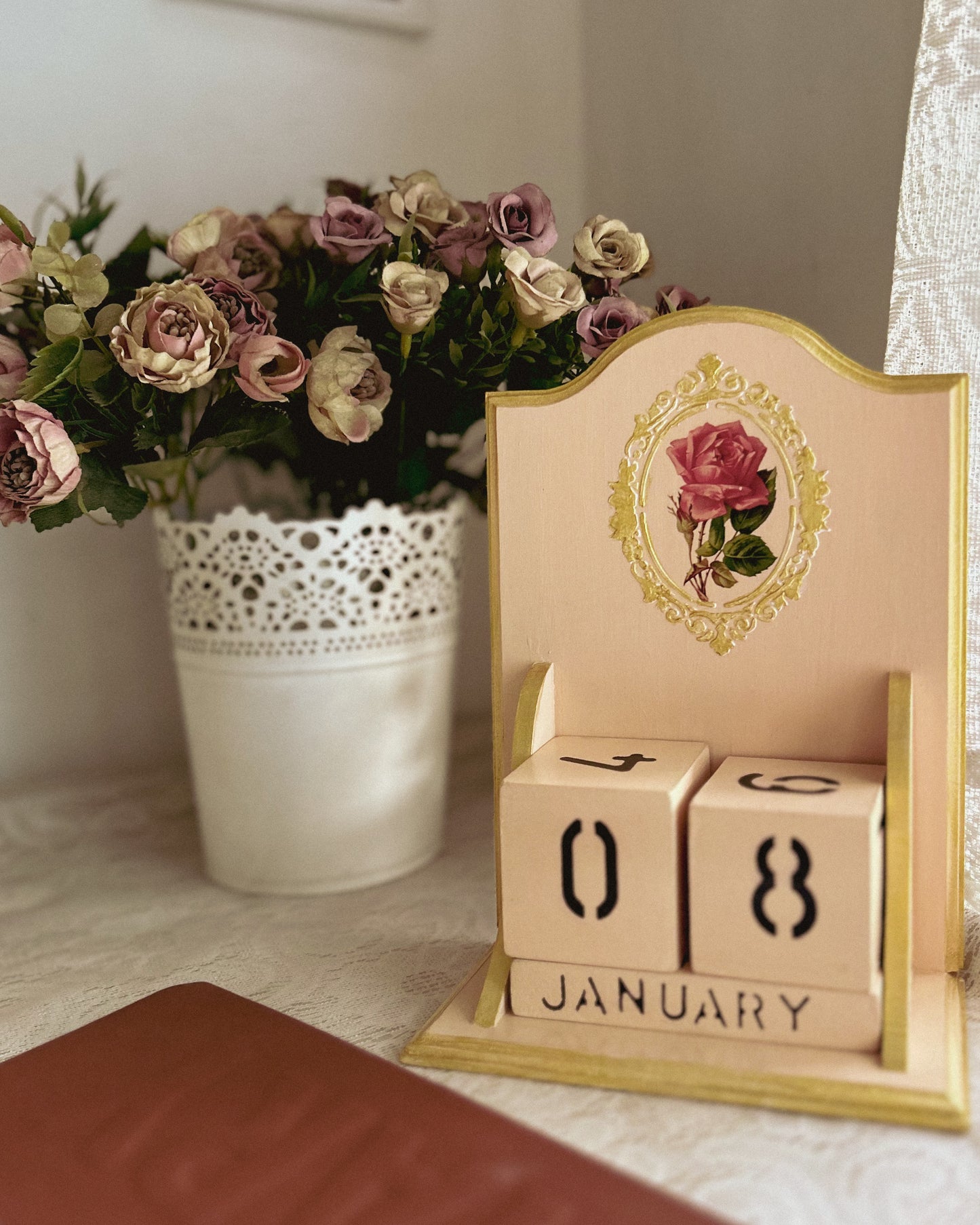 Vintage Perpetual Calendar | Royal Rose | Handcrafted Wooden Desk Calendar | Cottagecore Home Decor & Gift