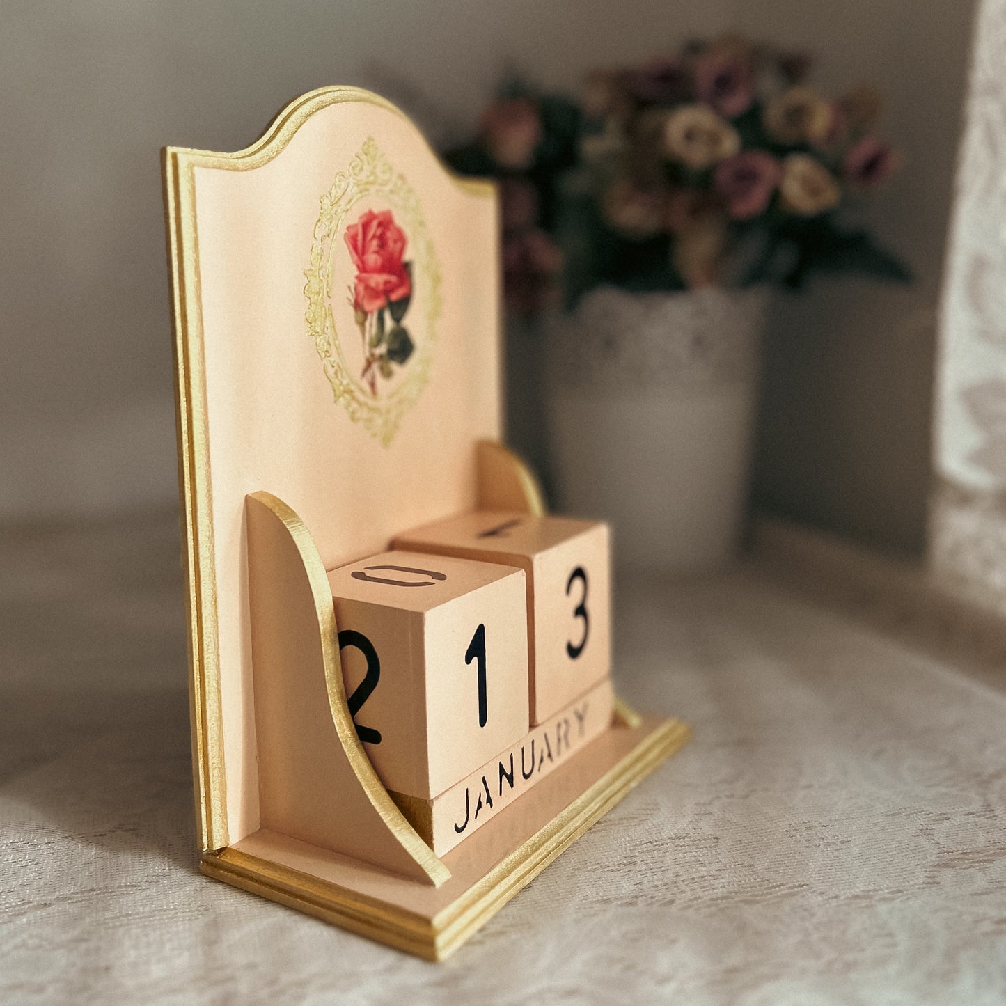 Vintage Perpetual Calendar | Royal Rose | Handcrafted Wooden Desk Calendar | Cottagecore Home Decor & Gift