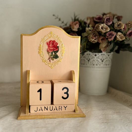Vintage Perpetual Calendar | Royal Rose | Handcrafted Wooden Desk Calendar | Cottagecore Home Decor & Gift