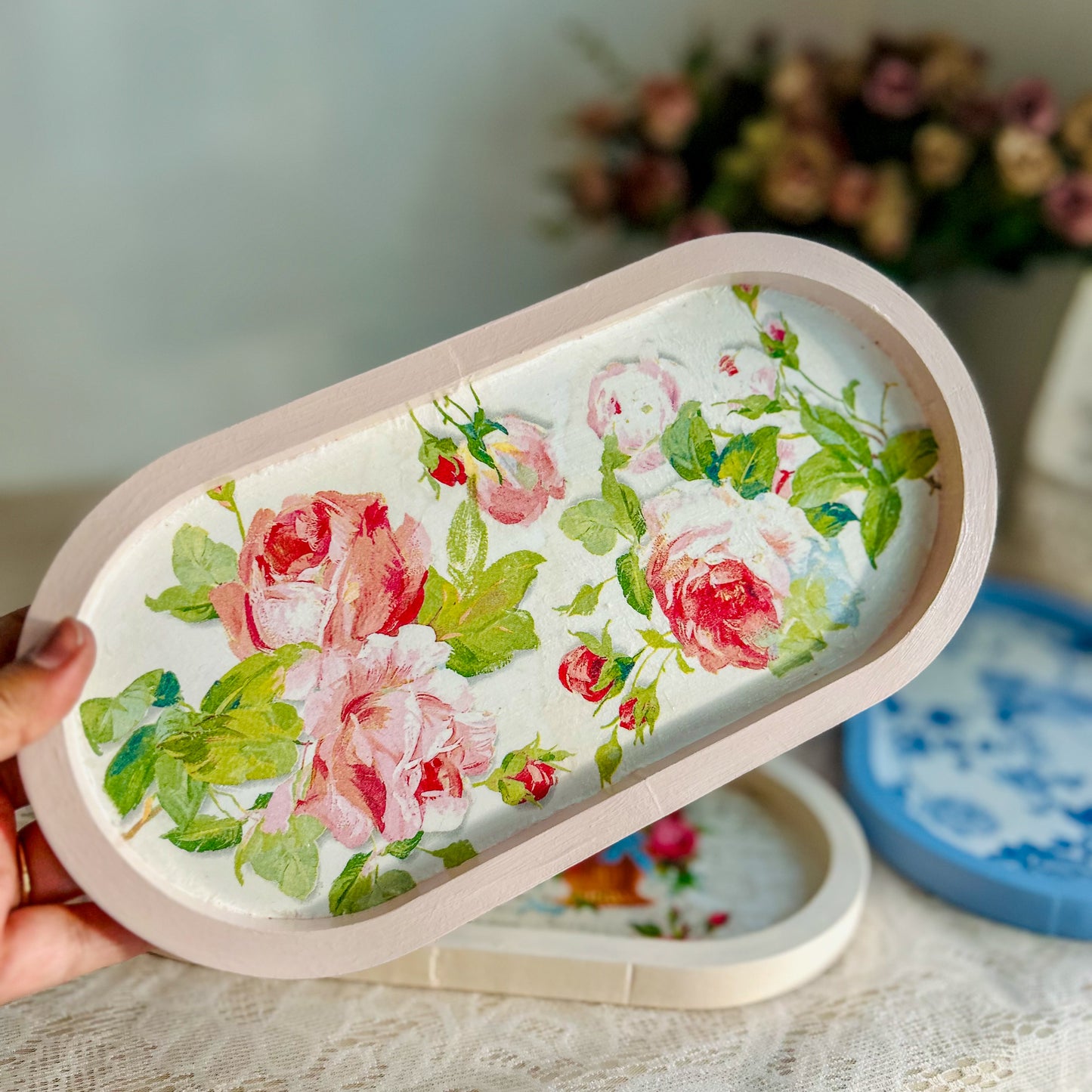 Mini Oval Floral Wooden Trinket Tray | Vintage Cottage Decor - Blush Rose