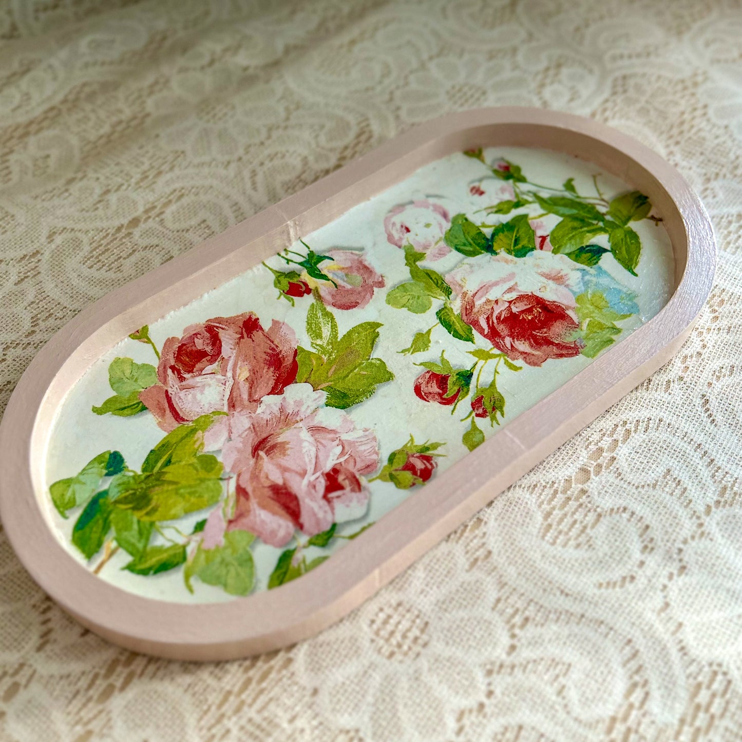 Mini Oval Floral Wooden Trinket Tray | Vintage Cottage Decor - Blush Rose
