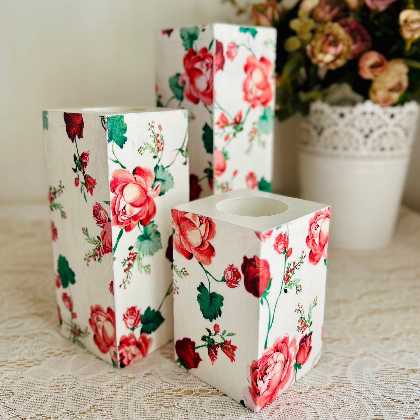 Red Rose Tealight Candle Holder Set of 3 | Floral Candle Stands for Romantic Home Decor & Gifting