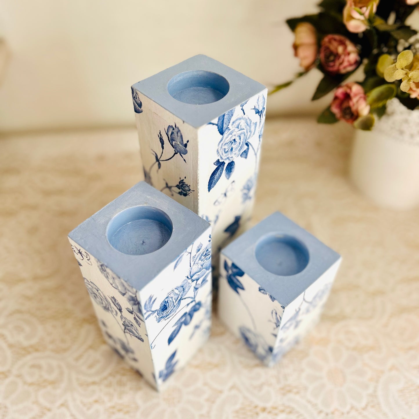 Blue Rose Tealight Candle Holder Set of 3 | Floral Candle Stands for Romantic Home Decor & Gifting